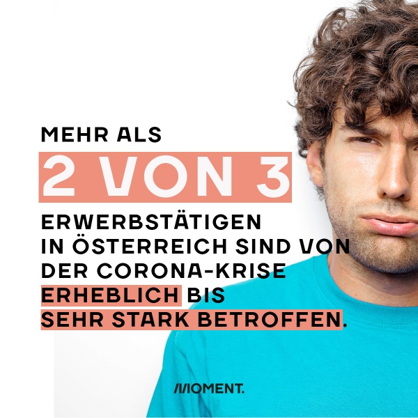 Zahl des Tages: ArbeitnehmerInnen von Corona belastet. Shareable zeigt einen Mann im türkisen T-shirt der angestrengt in die Kamera blickt. Text: Mehr als 2 von 3 Erwerbstätigen in Österreich sin von der Corona-Krise erheblich bis sehr stark betroffen.