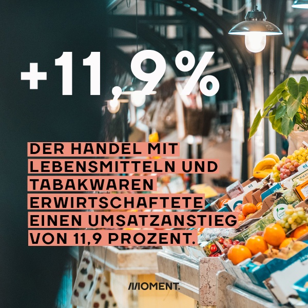 Zahl des Tages: +11,9 Prozent. Der Handel mit Lebensmitteln und Tabakwaren erwirtschaftete einen Umsatzanstieg um 11,9 Prozent. Zu sehen ist ein Obststand auf einem Markt, an dem Orangen, Bananen und Weintrauben angeboten werden.