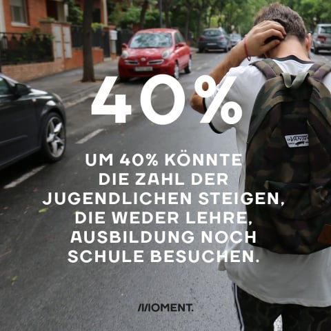 Shareable zeigt ein Schulkind mit einem Rucksack von hinten, das auf der Straße geht. Text: Um 40 Prozent könnte die Zahl der Jugendlichen steigen, die weder Lehre, Ausbildung noch Schule besuchen.