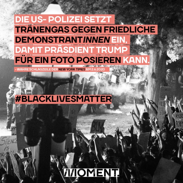 Die US-Polizei setzt Tränengas gegen friedliche DemonstrantInnen ein. Damit Präsident Trump für ein Foto posieren kann. Das Bild zeigt DemonstrantInnen der Black Lives Matter Bewegung, die mit Tränengas beschossen werden.