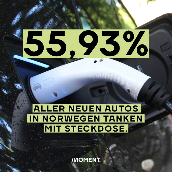 Nahaufnahme zeigt den Aufladestutzen eines E-Autos. 55,93% aller 2019 in Norwegen verkauften PKW haben E-Antrieb.