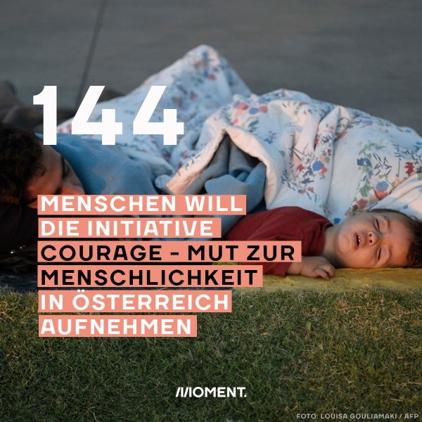 Bild zeigt einen Vater, der mit seinem Kind auf dem Boden schläft. Text: 144 Menschen will die Initiative Courage - Mut zur Menschlichkeit in Österreich aufnehmen.
