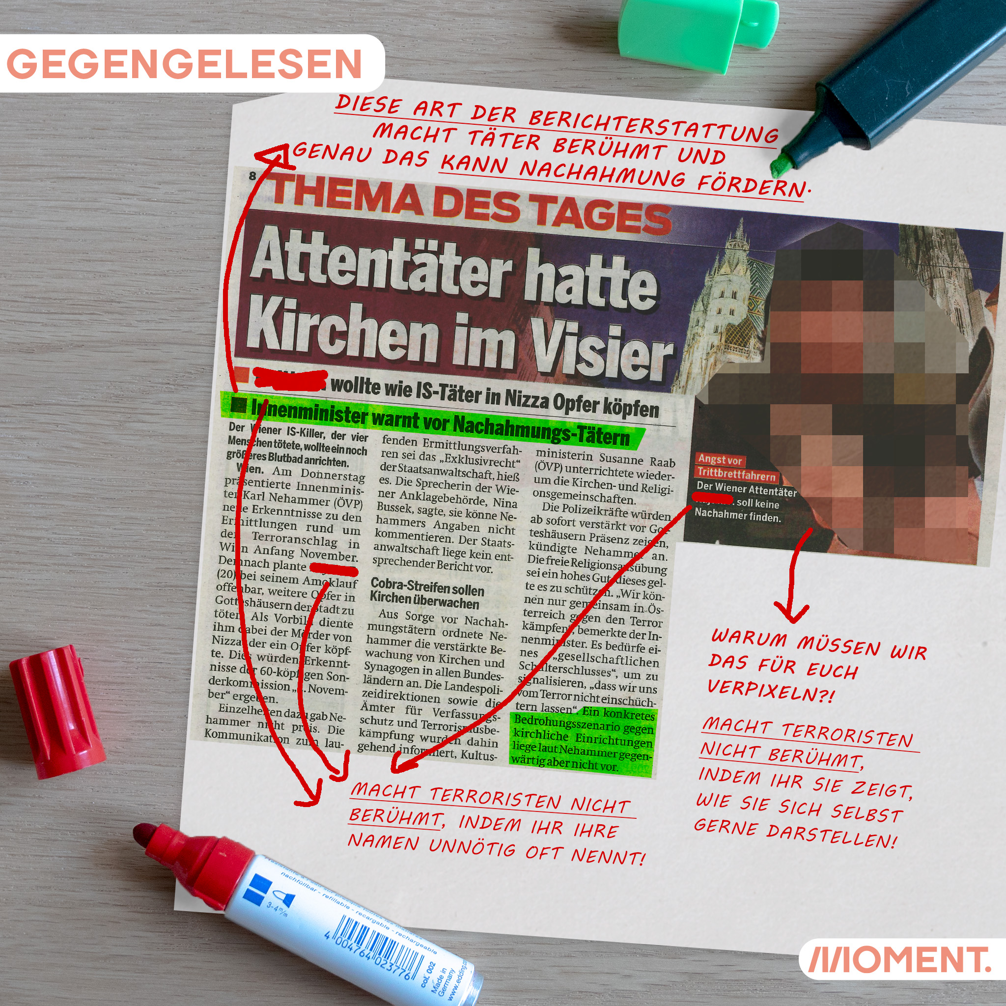 Ein Artikel der Tageszeitung Österreich wird mit Rotstift korrigiert. Das Bild, das im Original den Attentäter von Wien zeigt wurde verpixelt.