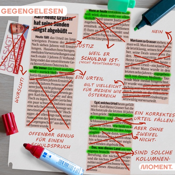 Ein Kommentar von ÖSTERREICH Herausgeber Wolfgang Fellner wird mit Rotstift schriftlich kommentiert. Fellner verteidigt Karl-Heinz Grasser und spricht von einem unfairen Urteil.