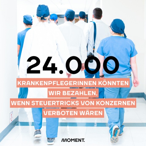 Shareable zeigt eine Gruppe von Krankenhauspersonal, welches in Kitteln und Scrubs auf einem Gang steht. Text: 24.000 Krankenpflegerinnen könnten wir bezahlen, wenn Steuertricks von Konzernen verboten wären.