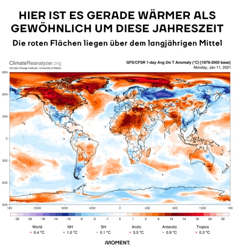 Eine Weltkarte, auf der zu sehen ist, wo es derzeit wärmer als gewöhnlich um diese Jahreszeit ist