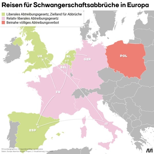 Eine Karte, die zeigt, in welche Länder ungewollt Schwangere für eine Abtreibung im Ausland reisen.