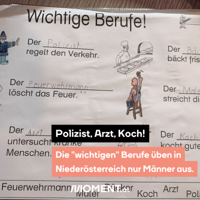 Bild zeigt Schul-Arbeitsblatt, darüber der Text: Polizist, Arzt, Koch! Die "wichtigen" Berufe üben in Niederösterreich nur Männer aus.