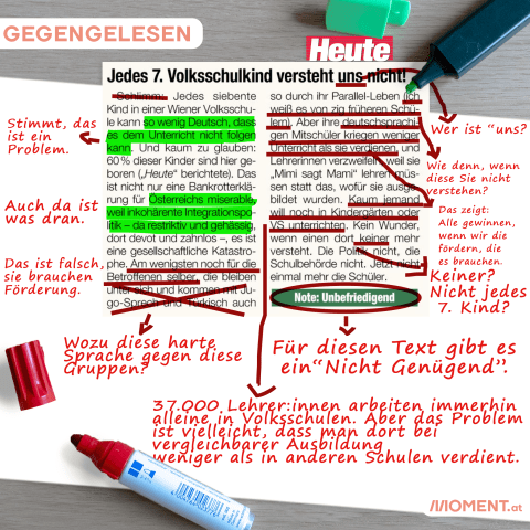 Bild zeigt Zeitungsausschnitt mit Anmerkungen und Verbesserungen.