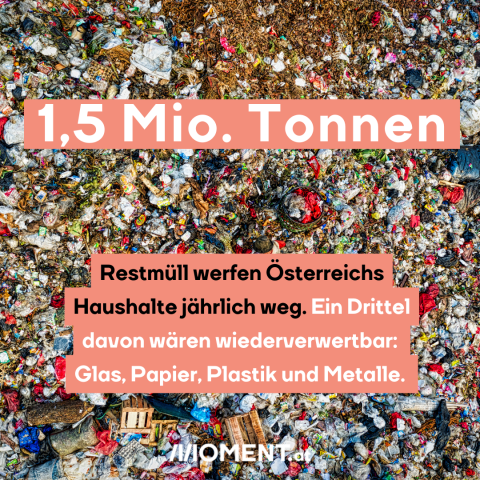 Müllberg, dazu der Text: 1,5 Millionen Tonnen Restmüll werfen Österreichs Haushalte jährlich weg.