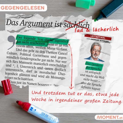 Markiert: "Der folgende Text dürfte eigentlich gar nicht erscheinen." Korrigiert: "Und trotzdem tut er das, etwa jede Woche in irgendeiner großen Zeitung."