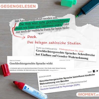 Markiert: "Die Welt wird nicht gleichberechtigter, wenn wir Gäste und Gästinnen sagen." Korrigiert: "Doch. Das belegen zahlreiche Studien."