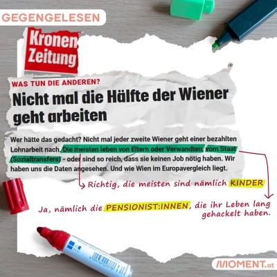 Zu sehen ist ein Zeitungsausschnitt der Kronen Zeitung mit Korrekturen