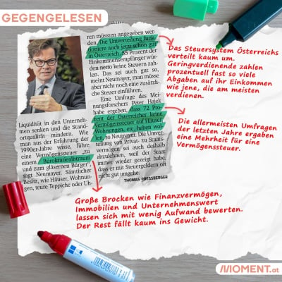 4: Ein mittelgroßes Unternehmen mit einem Wert von 1,5 Mio.€ würde pro Jahr 5.000€ bezahlen. Das ist leistbar. 5: Große Brocken wie Finanzvermögen, Immobilien und Unternehmenswert lassen sich mit wenig Aufwand bewerten. Der Rest fällt kaum ins Gewicht. 6: Das Steuersystem Österreichs verteilt kaum um. Geringverdienende zahlen prozentuell fast so viele Abgaben auf ihr Einkommen wie jene, die am meisten verdienen. 7: Die meisten Umfragen der letzten Jahre ergaben eine Mehrheit für eine Vermögenssteuer.