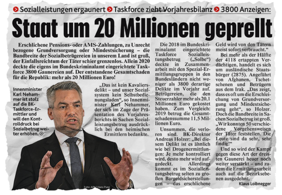 Schlagzeile der Krone: Staat um 20 Millionen geprellt