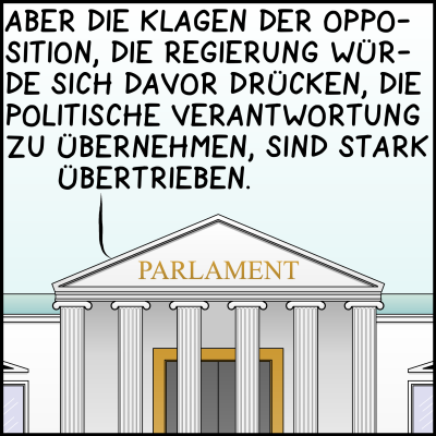 Comic: Man sieht am zweiten Bild das Parlament von außen. Der Premierminister spricht weiter: "Aber die Klagen der Opposition, die Regierung würde sich davor drücke, die politische Verantwortung zu übernehmen, sind stark übertrieben."