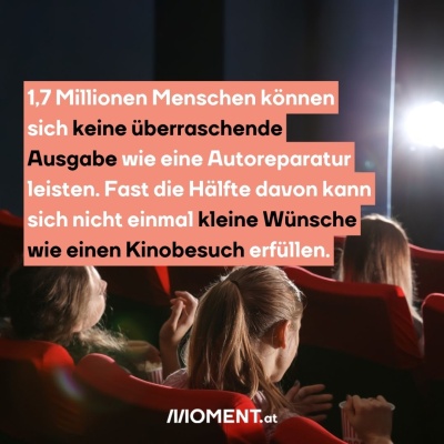 Ein Kinosaal, mehrere Leute sind vage von hinten zu sehen. Sie sitzen in roten Kinosesseln und essen Popcorn. “1,7 Millionen Menschen können sich keine überraschende Ausgabe wie eine Autoreparatur leisten. Fast die Hälfte davon kann sich nicht einmal kleine Wünsche wie einen Kinobesuch erfüllen.”