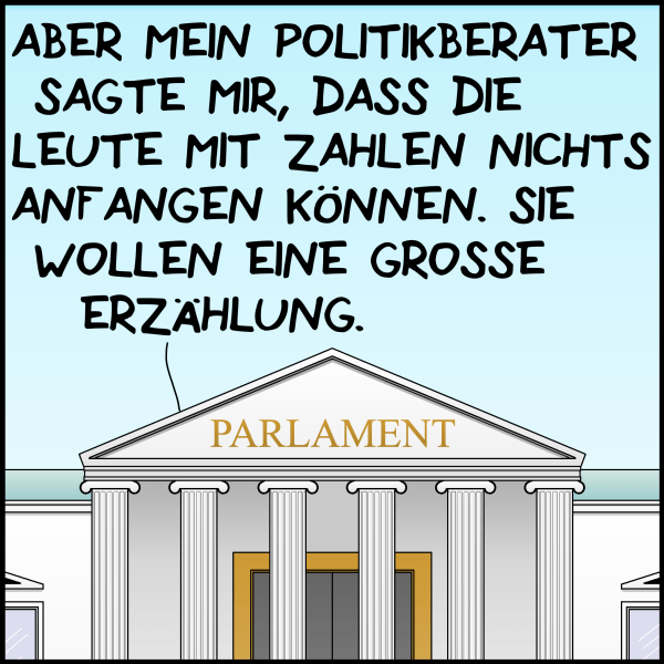 Bommel spricht weiter, zu sehen ist die Außensicht des Parlaments "... aber mein Politikberater sagte mir, dass Leute mit Zahlen nichts anfangen können. Sie wollen eine große Erzählung."