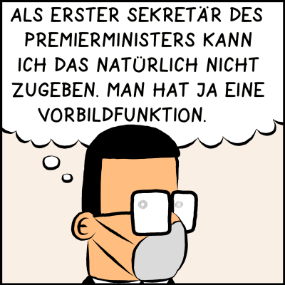 Comic, Bild 2: Brommel denkt weiter: "Als erster Sekretär des Premierministers kann ich das natürlich nicht zugeben. Man hat ja eine Vorbildfunktion."