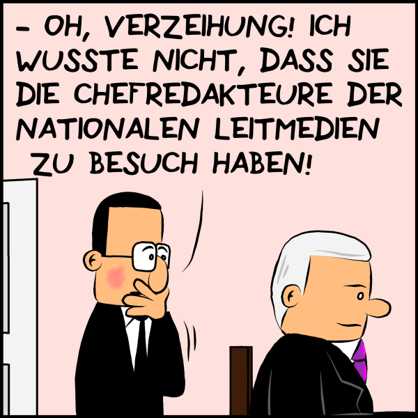 Brommel errötet und schlägt die Hand vor den Mund: "Oh, Verzeihung! Ich wusste nicht, dass sie die Chefredakteure der nationalen Leitmedien zu Besuch haben!" 