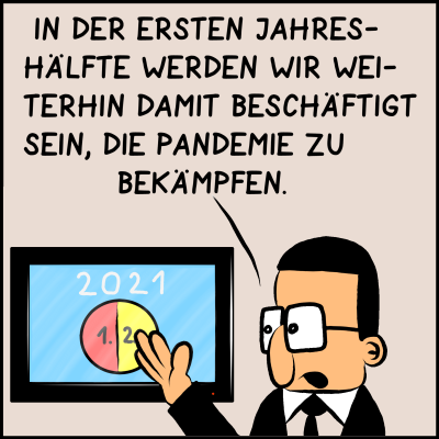 Comic, Bild 2: Brommel zeigt auf einen Bildschirm mit einem Tortendiagram, das in einen Teil 1 und 2 halbiert ist. Darüber steht 2021. Er sagt: "In der ersten Jahreshälfte werden wir weiterhin damit beschäftigt sein, die Pandemie zu bekämpfen."