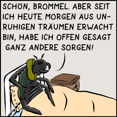 Schön, Brommel, aber seit ich heute Morgen aus unruhigen Träumen erwacht bin, hab ich offen gesagt ganz andere Sorgen!