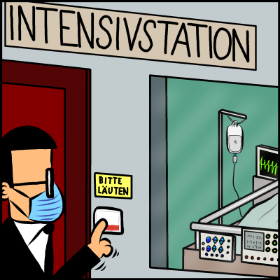 Comic Bild 3: Brommel trägt eine Maske und drückt auf die mit "Bitte läuten" beschriftete Klingel einer Tür. Darüber steht geschrieben: "Intensivstation".