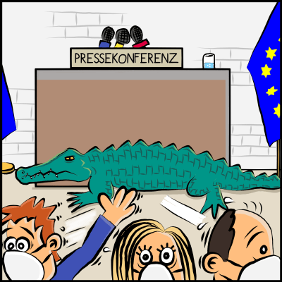 Comic, Bild 3: Man sieht das Pult der Pressekonferenz vom nächsten Tag. Panisch laufen Journalisten und Journalistinnen vom Pult davon. Der Premierminister hat dort sein neue Tier vorgestellt: Ein Krokodil.