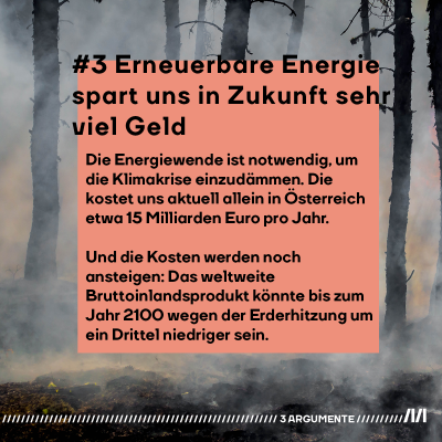 Ein verbrannter Wald ist im Hintergrund. Etwas Rauch ist noch zu sehen. "Der Wechsel auf erneuerbare Energie spart uns in Zukunft sehr viel Geld  Die Energiewende ist notwendig, um die Klimakrise einzudämmen. Die kostet uns aktuell allein in Österreich etwa 15 Milliarden Euro pro Jahr.   Und die Kosten werden noch ansteigen: Das weltweite <span class=