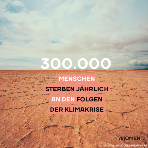 Zu sehen ins eine ausgedorrte Landschaft, die sich bis zum Horizont erstreckt. 300.000 Menschen sterben jährlich an den Folgen der Klimakrise.