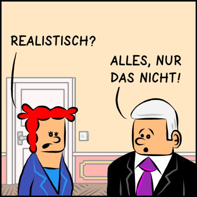 Die Gesundheitsministerin vermutet etwas: "Realistisch?", fragt sie. Der Premier ist entsetzt: "Alles, nur das nicht!"