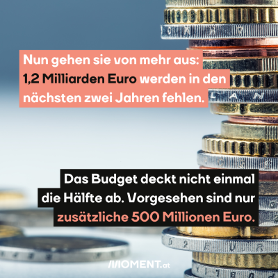 Nun gehen sie von mehr aus: 1,2 Milliarden Euro werden in den nächsten zwei Jahren fehlen. Das Budget deckt davon nicht einmal die Hälfte ab. Vorgesehen sind nur zusätzliche 500 Millionen Euro. Das Bild zeigt einen Münzstapel.