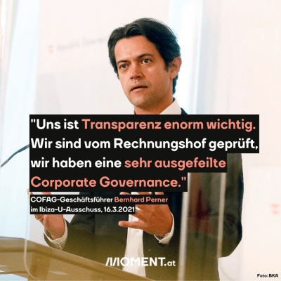 Bernhard Perner, dazu der Text: "Uns ist Transparenz enorm wichtig. Wir sind vom Rechnungshof geprüft, wir haben eine sehr ausgefeilte Corporate Governance."