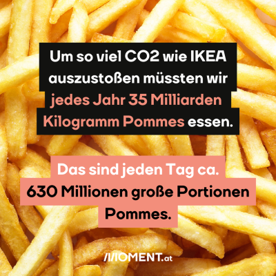Eine Nahaufnahme von gesalzenen Pommes. Um so viel CO2 wie IKEA  auszustoßen müssten wir jedes Jahr 35 Milliarden Kilogramm Pommes essen. Das sind ca. 632.876.712 große Portionen Pommes pro Tag.”