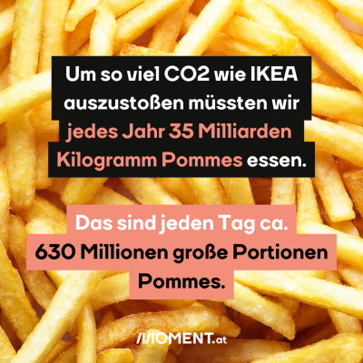 Eine Nahaufnahme von gesalzenen Pommes. Um so viel CO2 wie IKEA auszustoßen müssten wir jedes Jahr 35 Milliarden Kilogramm Pommes essen. Das sind ca. 632.876.712 große Portionen Pommes pro Tag.”