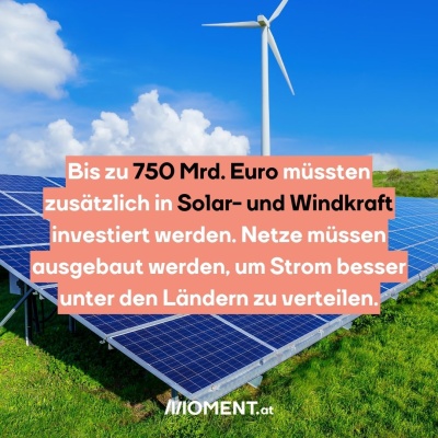 Ein Windrad steht hinter einer Fotovoltaikanlage in der Wiese.Bis zu 750 Mrd. Euro müssten in Solar- und Windkraft investiert werden. Netze müssen ausgebaut werden, um Strom besser unter den Ländern zu verteilen.