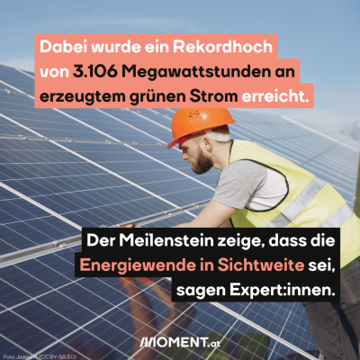 Tehniker an Solarpanel, dazu der Text: Dabei wurde ein Rekordhoch von 3.106 Megawattstunden an erzeugtem grünen Strom erreicht. Der Meilenstein zeige, dass die Energiewende in Sichtweite sei, sagen Expert:innen.