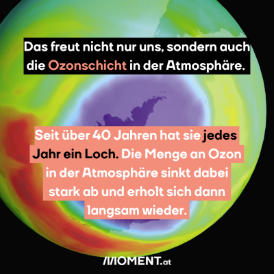 Eine Aufnahme der Ozonschicht über der Erde. Über der Antarktis befindet sich ein großer blauer Bereich, weil sie dort am dünnsten ist. “Das freut nicht nur uns, sondern auch die Ozonschicht in der Atmosphäre. Seit über 40 Jahren hat sie jedes Jahr ein Loch. Die Menge an Ozon in der Atmosphäre sinkt dabei stark ab und erholt sich dann langsam wieder. “