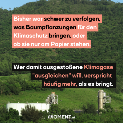 Fabrik und Wald, dazu der Text:  Bisher war schwer zu verfolgen,   was Baumpflanzungen für den Klimaschutz bringen, oder ob sie nur am Papier stehen. Wer damit ausgestoßene Klimagase "ausgleichen" will, verspricht häufig mehr, als es bringt.