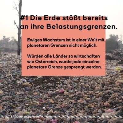 Plastikmüll so weit das Auge reicht. Bildtext: Ewiges Wachstum ist in einer Welt mit planetaren Grenzen nicht möglich.  Würden alle Länder so wirtschaften wie Österreich, würde jede einzelne planetare Grenze gesprengt werden.