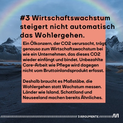 Ein Regenbogen über Island. Bildtext: Ein Ölkonzern, der CO2 verursacht, trägt genauso zum Wirtschaftswachstum bei wie ein Unternehmen, das dieses CO2 wieder einfängt und bindet. Unbezahlte Care-Arbeit wie Pflege wird dagegen nicht vom Bruttoinlandsprodukt erfasst.  Deshalb braucht es Maßstäbe, die Wohlergehen statt Wachstum messen. Länder wie Island, Schottland und Neuseeland machen bereits Ähnliches.