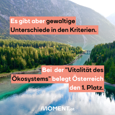 Es gibt aber gewaltige Unterschiede in den Kriterien. Bei  der "Vitalität des Ökosystems" belegt Österreich den 1. Platz.