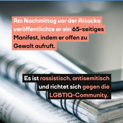 Am Nachmittag vor der Attacke veröffentlichte er ein 65-seitiges Manifest, indem er offen zu Gewalt aufruft. Es ist rassistisch, antisemitisch und richtet sich gegen die LGBTIQ-Community. Das Bild zeigt eine Nahaufnahme von einem Schreibblock und einem Tablet, die auf einem aufgeschlagenem Buch liegen.