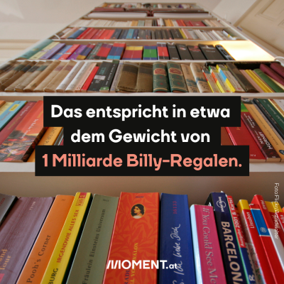 Ein Bücherregal, das von unten nach oben fotografiert wurde und daher sehr groß wirkt. “Das entspricht in etwa dem Gewicht von 1 Milliarde Billy-Regalen.”