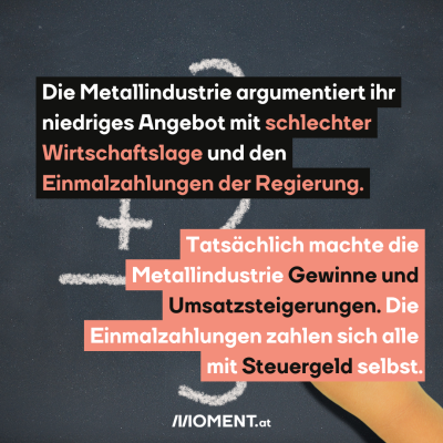  Die Metallindustrie argumentiert ihr niedriges Angebot mit schlechter Wirtschaftslage und den Einmalzahlungen der Regierung. Tatsächlich machte die Metallindustrie Gewinne und Umsatzsteigerungen. Die Einmalzahlungen zahlten sich alle mit Steuergeld selbst. Das Bild zeigt eine Rechnung auf einer Kreidetafel.