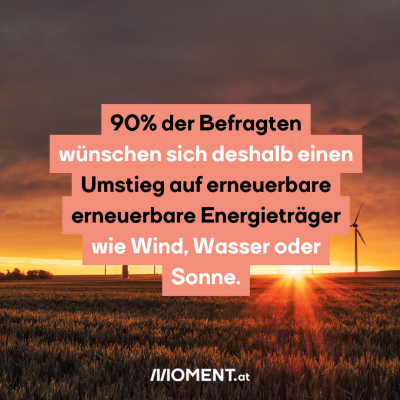 90% der Befragten wünschen sich deshalb einen Umstieg auf erneuerbare, heimische Energieträger wie Sonne, Wind oder Wasser