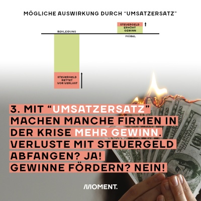 Ein Balkendiagramm zeigt, wie Unternehmen mit höheren Umsatz durch den staatlichen Umsatzersatz sogar mehr Gewinn machen können, als in normalen Jahren. Ein Schriftzug sagt "Mit 'Umsatzersatz' machen manche Firmen in der Krise mehr Gewinn. Verluste mit Steuergeld abfangen? Ja! Gewinne fördern? Nein!" Im Hintergrund ist ein Symbolfoto von Geld, das verbrannt wird.