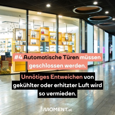 Energie sparen in Spanien - Automatische Türen müssen diese vermehrt geschlossen werden. Unnötiges Entweichen von gekühlter oder erhitzter Luft wird so vermieden. Man sieht ein Einkaufscenter.