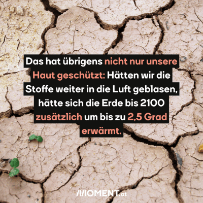 Das Bild eines vertrockneten grau-braunen Bodens, der sehr viele Risse aufweist. “Das hat übrigens nicht nur unsere Haut geschützt: Hätten wir die Stoffe weiter in die Luft geblasen, hätte sich die Erde bis 2100 zusätzlich um bis zu 2,5 Grad erwärmt.”