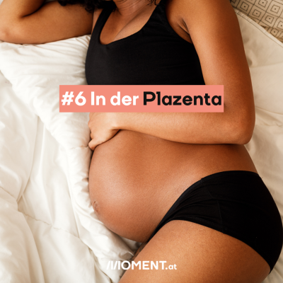 Eine schwangere Frau liegt in Unterwäsche auf einer weißen Decke. Sie greift sich mit einer Hand auf den Bauch. “#6 In der Plazenta”